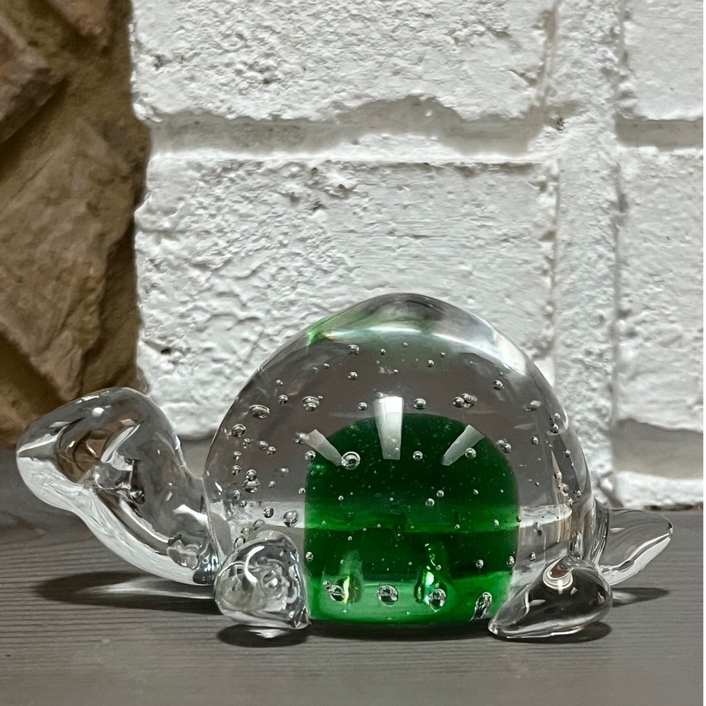 Vtg Green Controlled Bubble Crystal Turtle Paperweight Figurine 3.5 Inch‎